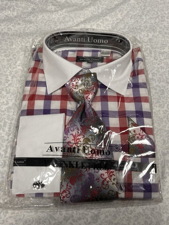 Uomo Other - Avanti Uomo Dress Shirt Set 17.5 36/37 XL Plaid Paisley Tie Pocket Square NWT